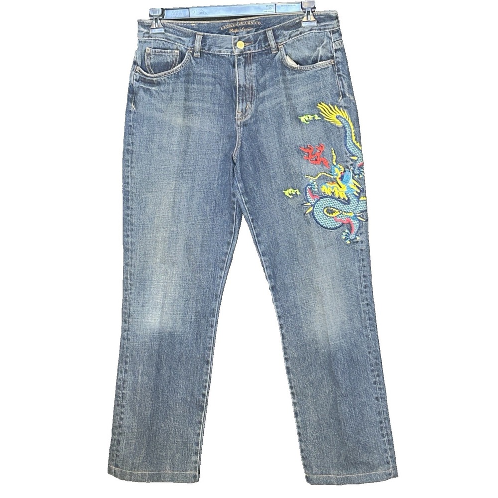 Vintage Lauren Ralph Lauren Jeans Women Blue Denim Embroidered Dragon Size 10
